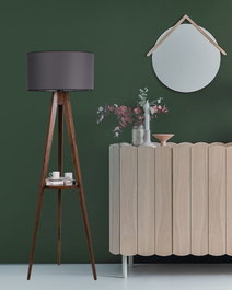 Opviq Lámpara de Pie de Trípode de Madera con Estante, Nogal y Gris